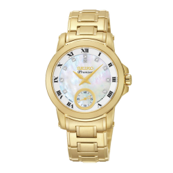ĐỒNG HỒ SEIKO PREMIER SRKZ60P1 - Siêu phẩm seiko cao cấp dây mạ vàng mặt đá đính kim cương